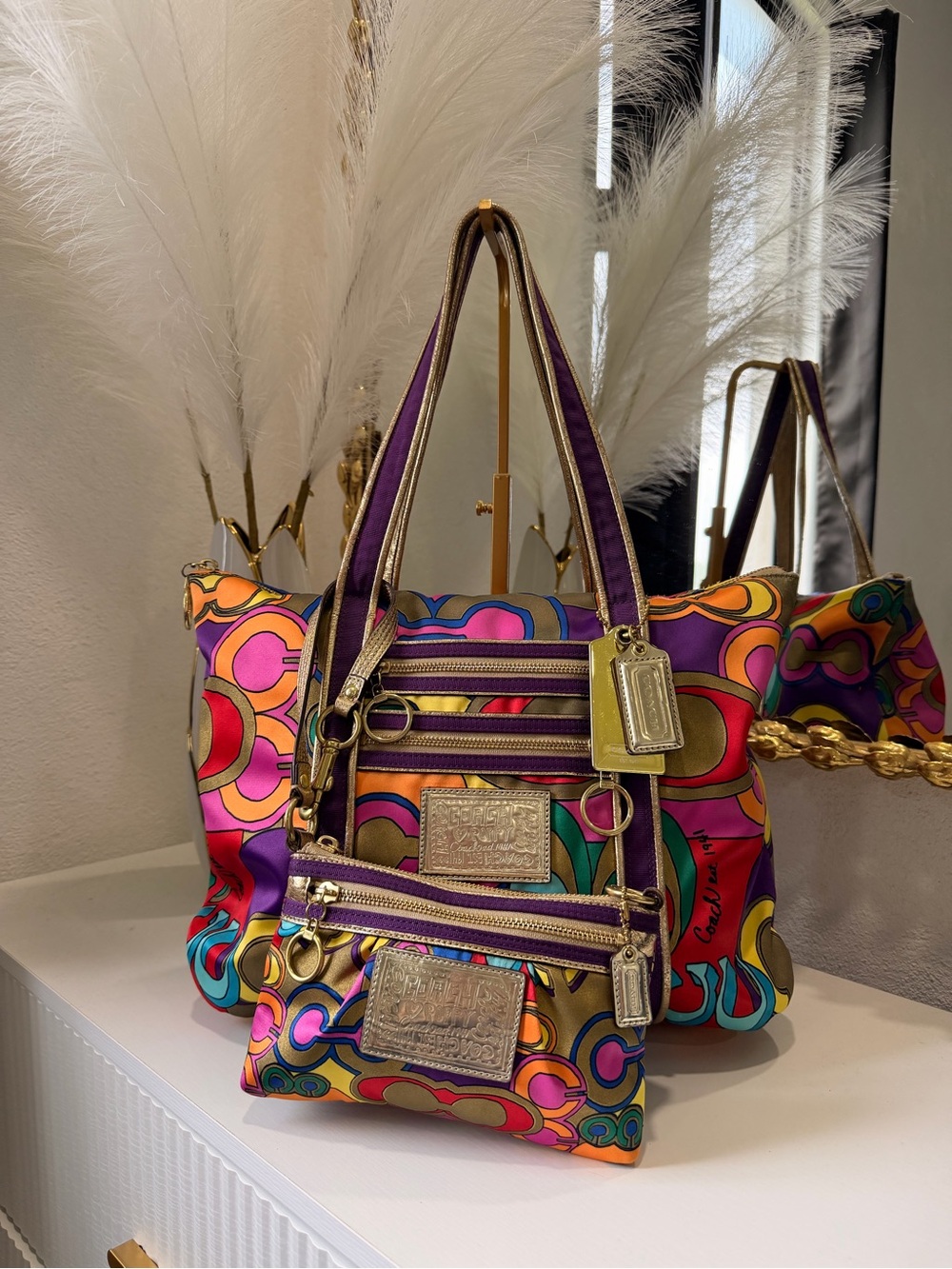 Coach Multicolor Canvas Tote with Purple Straps and Gold Hardware